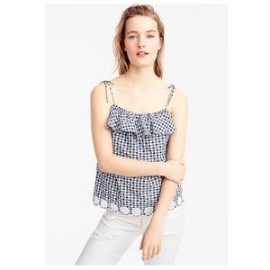 J. Crew Tie Shoulder Ruffle Blue Gingham Top